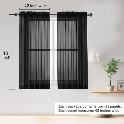OWENIE Sheer Black Curtains 84 Inch Length 2 Panels Set for Living Room Bedroom, Rod Pocket Voile Sheer Panel Drapes, Black, 2pcs, Each 42" W x 48" L - color: Black, size: 42"W x 48"L (Pack of 2)