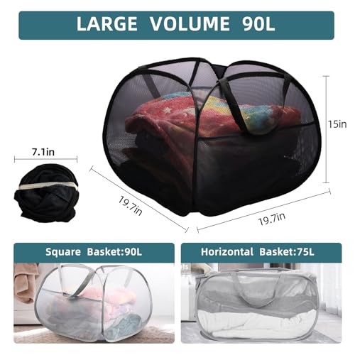 2 Pack Collapsible Laundry Baskets, 90L Large Foldable Laundry Basket, Durable Mesh Pop Up Hampers for Laundry, Dirty Clothes Laundry Hamper for Bedroom, Bathroom, Dorm, Laundry Room, Travel Black - color: 2xBlack