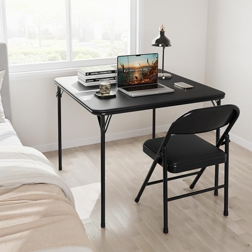GarveeHome 33.6 in Folding Card Table, Portable Square Folding Table with PU Leather Soft Cushion, Foldable Table Suitable for Dining Room, Living Room, Office, Camping - color: Black