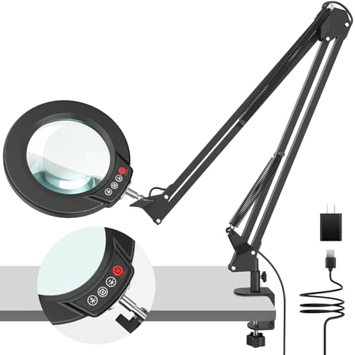 10X Magnifying Glass with Light and Clamp, Real Glass Stand Lighted Magnifier, 2*16 Arm 5 Color Modes Stepless Dimmable LED Desk Lamp Hands Free for Craft Hobby Reading Painting Close Work Large Black - color: Black, size: 10X Large