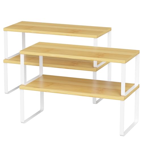 NEX Kitchen Cabinet and Counter Shelf Organizer, Stackable & Expandable, Set of 4, White and Natural - 7.7 x 15.6 x 6.2'' - color: Cloud White + Natural Beige, size: 15.6''W