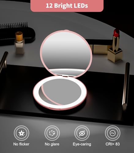 Wobsion Compact Travel Mirror - 1x/10x Magnification, Handheld 2-Sided, Perfect for Purses & Handbags - color: 3.5inch Battery Pink