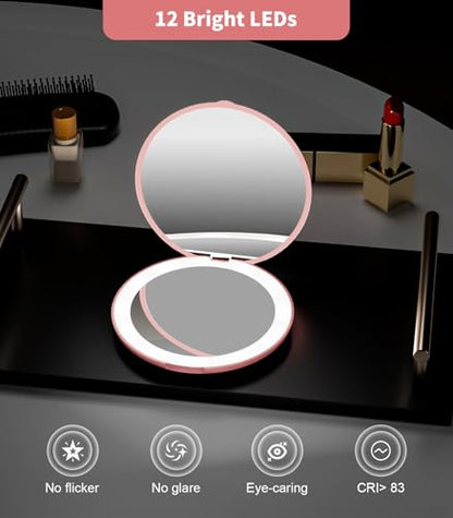 Wobsion Compact Travel Mirror - 1x/10x Magnification, Handheld 2-Sided, Perfect for Purses & Handbags - color: 3.5inch Battery Pink
