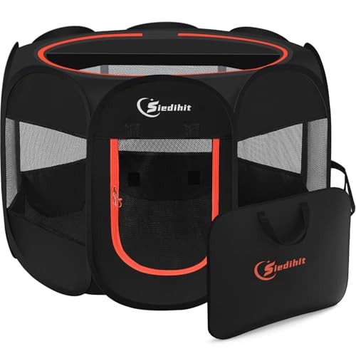 Siedihit Dog Playpen, Puppy Pet Playpens Indoor for Medium Dogs Tent Crates Cage Indoor/Outdoor, Portable Pop Up Dog Kennel Playpen with Carrying Case for Dogs/Cats/Rabbits, Black - color: Black