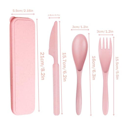 Wheat Straw Utensils Set with Case, Reusable Travel Cutlery Knife Fork Spoon, BPA-Free Portable Flatware for Camping, Hiking & Picnic (Pink) - color: Pink