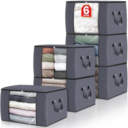 Fab totes 6 Pack Storage Bags for Clothes and Blanket, Foldable Closet Organizers and Storage with Zippers, Clear Window and Handles, Fabric Storage Bins for Sweater, Comforter, Bedding,Linen Sheets - color: Grey, size: 6 Pack-60l