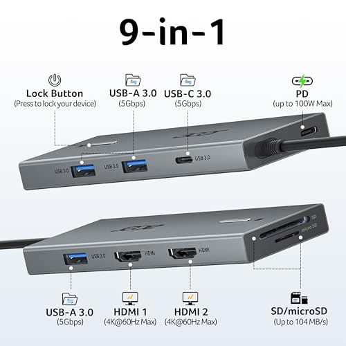 Acer USB C Docking Station Dual Monitor With 2 HDMI, 9-IN-1 Laptop Docking Station with 4K@60Hz HDMI, USB A&C 3.0, SD/Micro SD, 100W PD, USBC Dock Compatible with Acer/Dell XPS/HP/Mac/Surface (0.65FT) - size: 0.65FT