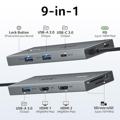 Acer USB C Docking Station Dual Monitor With 2 HDMI, 9-IN-1 Laptop Docking Station with 4K@60Hz HDMI, USB A&C 3.0, SD/Micro SD, 100W PD, USBC Dock Compatible with Acer/Dell XPS/HP/Mac/Surface (0.65FT) - size: 0.65FT