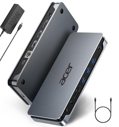 Acer Premium 13-in-1 Docking Station with 110W PD & Triple Monitor Support | Dual 4K HDMI and DP,5Gbps USB A/C,Gigabit Ethernet,Security Lock | Laptop Docking Station for Windows/Dell/HP/Lenovo/Asus