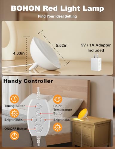 BOHON 660nm Red Light Night Light, 3 Color Modes 10 Brightness Dim White | Red Light Reading Light with Timer, Red Night Lights for Sleep Bedroom Nursery Room Home, Memory Function - color: White