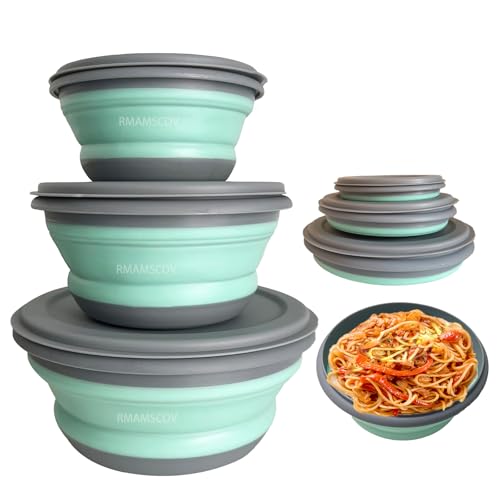 Collapsible Camping Bowl with Lid, 3 Pcs Silicone Salad Bowl Serving, Microwave Foldable Soup Ramen Serving for Travel, Picnic, Rv(Blue) - color: Light Blue-1