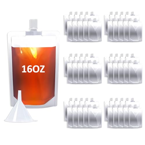 16OZ 60PCS Plastic Flasks,Reusable Drink Pouches with Funnel,Spouted Drinking Bags for Liquid Drink Juice,Leak-Proof Food Grade for Travel Outdoor Sports Concert Cruise Events - color: 16OZ 60PCS +Funnel