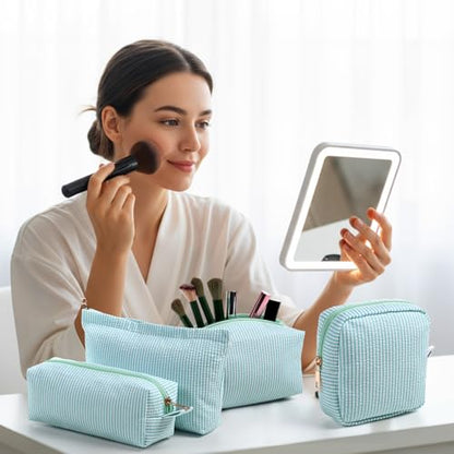 Sanwuta 4 Pcs Seersucker Pouch Cosmetic Bag Set Seersucker Makeup Bag Women Stripe Large Travel Toiletry Organizer Aesthetic Preppy Storage for Embroidery Women Bridesmaid Gifts(Light Blue) - color: Acid Blue