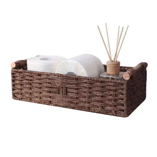Brown Woven Bathroom Basket with Wood Handles — Toilet Paper Storage Organizer, Back of Toilet Wicker Basket, Dark Brown Boho Bathroom Decor Tray for Tank Top or Shelf - color: Dark Brown