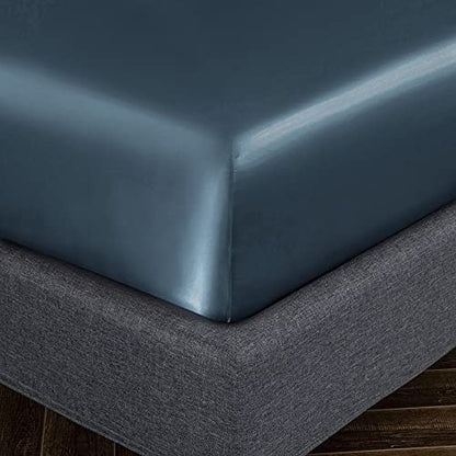 Homiest 3pcs Satin Sheets Set Luxury Silky Satin Bedding Set with Deep Pocket, 1 Fitted Sheet + 1 Flat Sheet + 1 Pillowcase (Twin XL Size, Deep Sea Blue) - color: Deep Sea Blue, size: Deep pocket - Twin XL size
