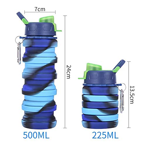 Collapsible Silicone Bottles 2 Pack - Expandable 500ml Portable Sport Bottles with Carabiner for Travel & Camping (Blue Camo + Pink Camo) - color: Blue Camouflage+Pink Camouflage