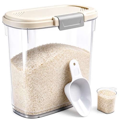 Large Rice Storage Container 15-20 Lbs, Tall Flour Container with Scoop + Cup - Slim Dry Food Storage Bin for Cereal, Sugar, Beans, Pet Dog Cat Food Container - Kitchen and Pantry Storage Organization - color: Cream White