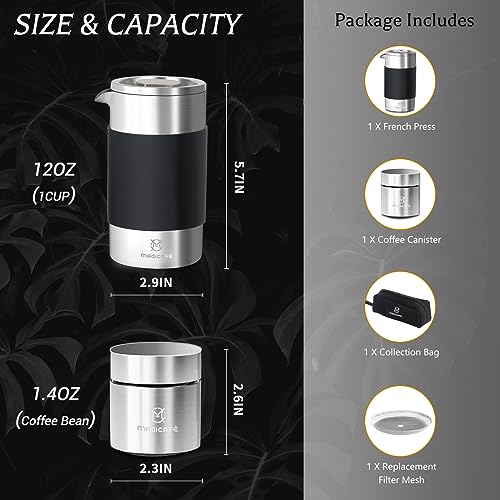 French Press Coffee Maker Set, Portable French Press with Mini Coffee Canister and Collection Bag, Single Serve 1 Cup Small Stainless Steel Double Walled Coffee Press 350ml/12oz - size: 12 fl oz (350 ml) + 1.4 fl oz (100 ml)