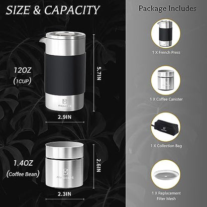 French Press Coffee Maker Set, Portable French Press with Mini Coffee Canister and Collection Bag, Single Serve 1 Cup Small Stainless Steel Double Walled Coffee Press 350ml/12oz - size: 12 fl oz (350 ml) + 1.4 fl oz (100 ml)