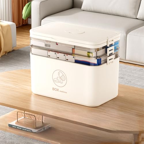3-Tier Medicine Storage Box, Empty Family Emergencies First Aid Kit Container, Portable Plastic Medicine Storage Organizer Holder Multipurpose Box with Handle for Home, Travel (Beige) - color: Beige
