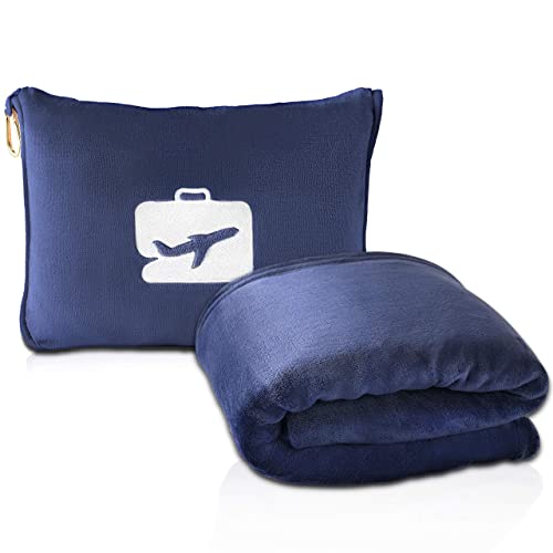 EverSnug Travel Blanket and Pillow - Premium Soft 2 in 1 Airplane Blanket with Soft Bag Pillowcase, Hand Luggage Sleeve and Backpack Clip (Navy Blue) - color: Navy Blue