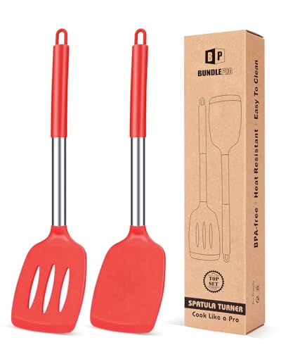 Pack of 2 Silicone Solid Turner, Non Stick Slotted Kitchen Spatulas, High Heat Resistant BPA Free Cooking Utensils, Ideal Cookware for Fish, Eggs, Pancakes(Red) - color: Red