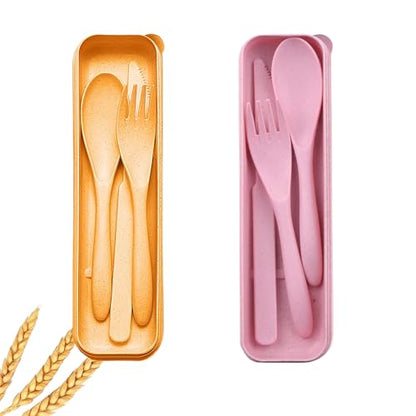 Wheat Straw Utensils Set with Case, Reusable Travel Cutlery, BPA-Free Portable Spoon Fork Knife, Eco-Friendly Flatware for Camping, Hiking & Picnic (Pink & Yellow) - color: Pink yellow