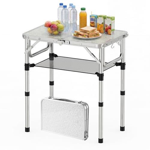 YihuiKo Small Folding Picnic Table with Storage Net, 3 Adjustable Heights 27.5" Aluminum Lightweight Portable Table with Carrying Handle for Camping Travel Indoor - size: 24"L x 16"W x 27"H