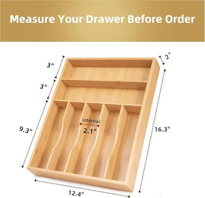 Upassion Bamboo Kitchen Drawer Organizer, 13 Inch Silverware Organizer with Extra-deep Grooved Divider, 7 Slots Pure Bamboo Wood Caddy for Flatware Cutlery Knives, Forks, Spoons - size: 13 x 17 inch (7 Slots)