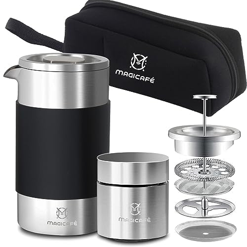 French Press Coffee Maker Set, Portable French Press with Mini Coffee Canister and Collection Bag, Single Serve 1 Cup Small Stainless Steel Double Walled Coffee Press 350ml/12oz - size: 12 fl oz (350 ml) + 1.4 fl oz (100 ml)