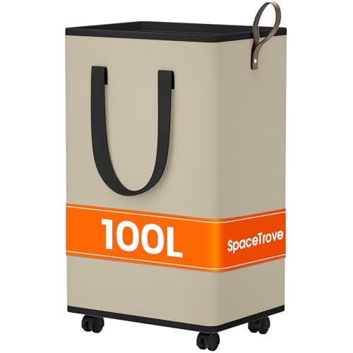 SpaceTrove Laundry Basket with Wheels, Collapsible Laundry Baskets, Laundry Hamper with Handles Detachable Wheels, Rolling Laundry Basket, Dirty Clothes Hamper for Bathroom, Dorm, Bedroom, Beige, 100L - color: Beige, size: 100L