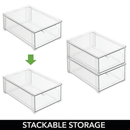 mDesign Plastic Stackable Bathroom Storage Organizer Bin with Pull Out Drawer for Cabinet, Vanity, Shelf, Cupboard, Cabinet, or Closet Organization - Lumiere Collection - 4 Pack - Clear - size: 8 x 12 x 4 (Pack of 4)