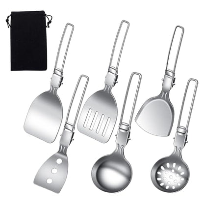 Camping Cooking Utensil Set Foldable 304 Stainless Steel Spatula Turner Soup Spoon Kit Portable Kitchen Utensils Folding Cookware Kit for Outdoor Travel Hiking Picnic (Silver A, 6 Pack) - color: Silver A, 6 Pack