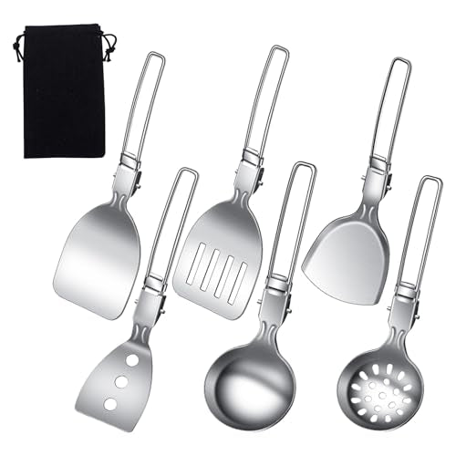 Camping Cooking Utensil Set Foldable 304 Stainless Steel Spatula Turner Soup Spoon Kit Portable Kitchen Utensils Folding Cookware Kit for Outdoor Travel Hiking Picnic (Silver A, 6 Pack) - color: Silver A, 6 Pack