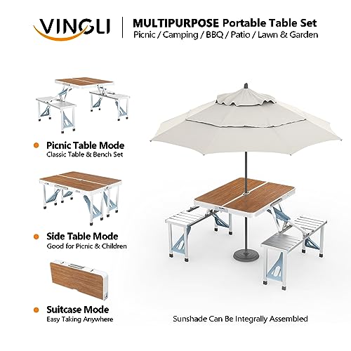 VINGLI 4 Ft Camping Picnic Table Set with 4 Seats with Umbrella Hole Folding Lightweight Suitcase Card Table-220 Lbs Support Aluminum Frame, Plastic RV Tabletop for Barbecue,Travel,Outing,Gathering - color: Natural