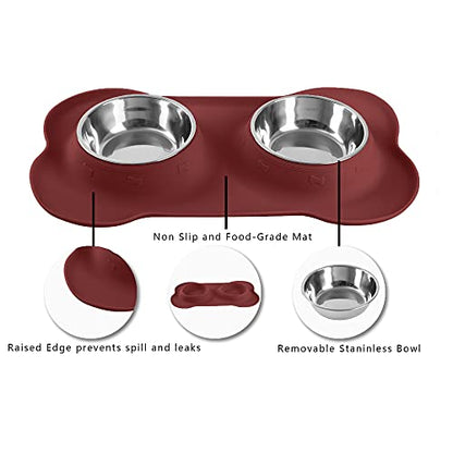 Hubulk Pet Dog Bowls 2 Stainless Steel Dog Bowl with No Spill Non-Skid Silicone Mat + Pet Food Scoop Water and Food Feeder Bowls for Feeding Small Medium Large Dogs Cats Puppies (Medium, Burgundy) - color: Burgundy, size: Medium