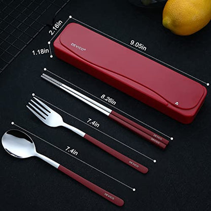 DEVICO Travel Utensils, 18/8 Stainless Steel 4pcs Cutlery Set Portable Camp Reusable Flatware Silverware, Include Fork Spoon Chopsticks with Case (Red) - color: Red