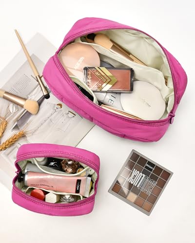 oscaurt 2 Pcs Makeup Bag Travel Toiletry Bag for Women Puffy Padded Cosmetic Pouch Purse Wide-open Makeup Organizer Case Travel Essentials - color: Rose-Set