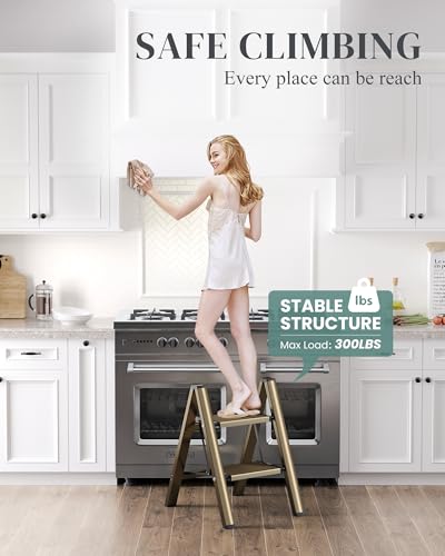 2 Step Ladder, Folding Step Stool with Wider Pedal, Anti-Slip Feet & Non Slip Stripes, Aluminum Sturdy Material, 300Lbs Capacity, Elegant Look of Champagne Gold Better Matches Your Home - color: Champagne Gold, size: 2 Step
