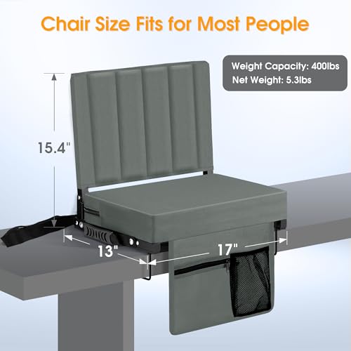 Stadium Seat for Bleachers with Back Support, Portable Bleacher Seat with Wide Comfy Padded Cushion, Metal Hook, Folding Stadium Chair with Shoulder Strap, Carry Handle, Cup Holder, Gray - color: Grey