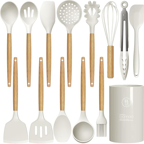 oannao Silicone Cooking Utensils Set - 446°F Heat Resistant Silicone Kitchen Utensils for Cooking,Kitchen Utensil Spatula Set w Wooden Handles and Holder for Non-Stick Cookware (Cream White) - color: Cream White