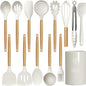 oannao Silicone Cooking Utensils Set - 446°F Heat Resistant Silicone Kitchen Utensils for Cooking,Kitchen Utensil Spatula Set w Wooden Handles and Holder for Non-Stick Cookware (Cream White) - color: Cream White