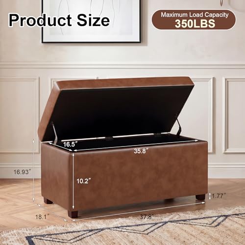 Asense Storage Ottoman Bench,Faux Leather Upholstered Ottoman with Storage,End of Bed Bench with Safety Hinge Wooden Legs,for Entryway,Bedroom,Living Room - color: 37" Faux Leather Tan Brown