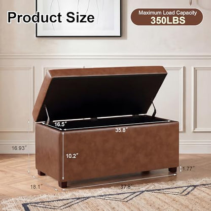 Asense Storage Ottoman Bench,Faux Leather Upholstered Ottoman with Storage,End of Bed Bench with Safety Hinge Wooden Legs,for Entryway,Bedroom,Living Room - color: 37" Faux Leather Tan Brown