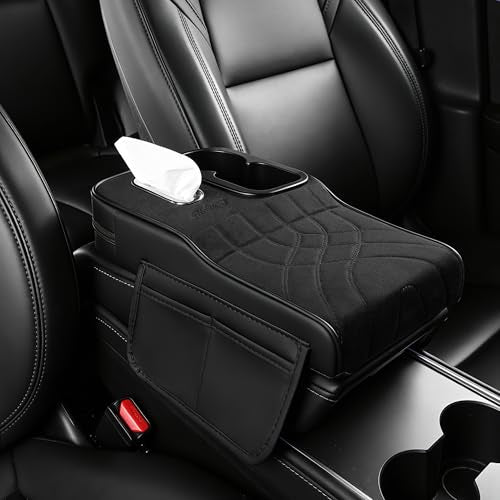 FREESOO Suede Car Center Console Cover, Fuzzy Armrest Cover for Car, Universal Middle Console Cushion with Storage Box, Cup Holder, Tissue Box, Phone Slot, Luxury Interior Accessories, Black - color: Suede-Black