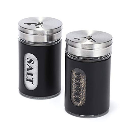 Salt and Pepper Shakers Stainless Steel and Glass Set with Adjustable Pour Holes - color: Black