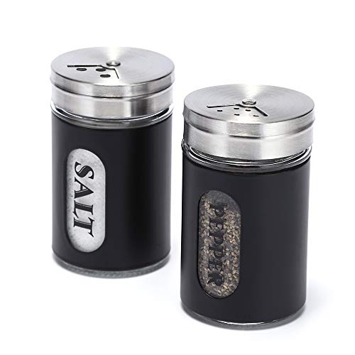 Salt and Pepper Shakers Stainless Steel and Glass Set with Adjustable Pour Holes - color: Black