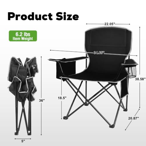 Romswi 2 Pack Lightweight Camping Chairs for Adults, Folding Outdoor Chair with 4-Can Cooler Bag, Collapsible Chair with Cup Holder for Camping, Beach, Lawn, Fishing, Black - color: Black, style: Large
