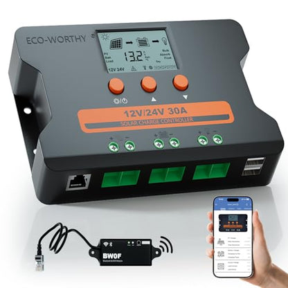 ECO-WORTHY Solar Charge Controller 30A with Bluetooth,WiFi, APP Remote Connection, Solar Panel Custom Battery Regulator, Dual USB Port Auto 12V/24V PWM for FLD/LiFePO4/SLD/GEL RV Solar System - style: 30A (Bluetooth&WiFi)