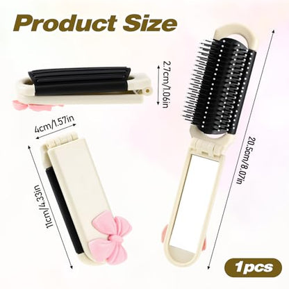 Folding Travel Hair Brush with Removable Mirror, Collapsible Compact Design, Massage Comb for Gym, Trips, Purse, Swimming (Cream Colour) - color: cream